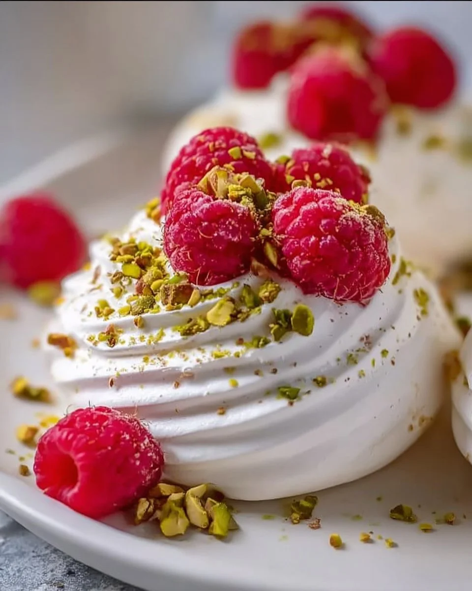 Raspberry Pistachio Mini Pavlovas Recipe (video)