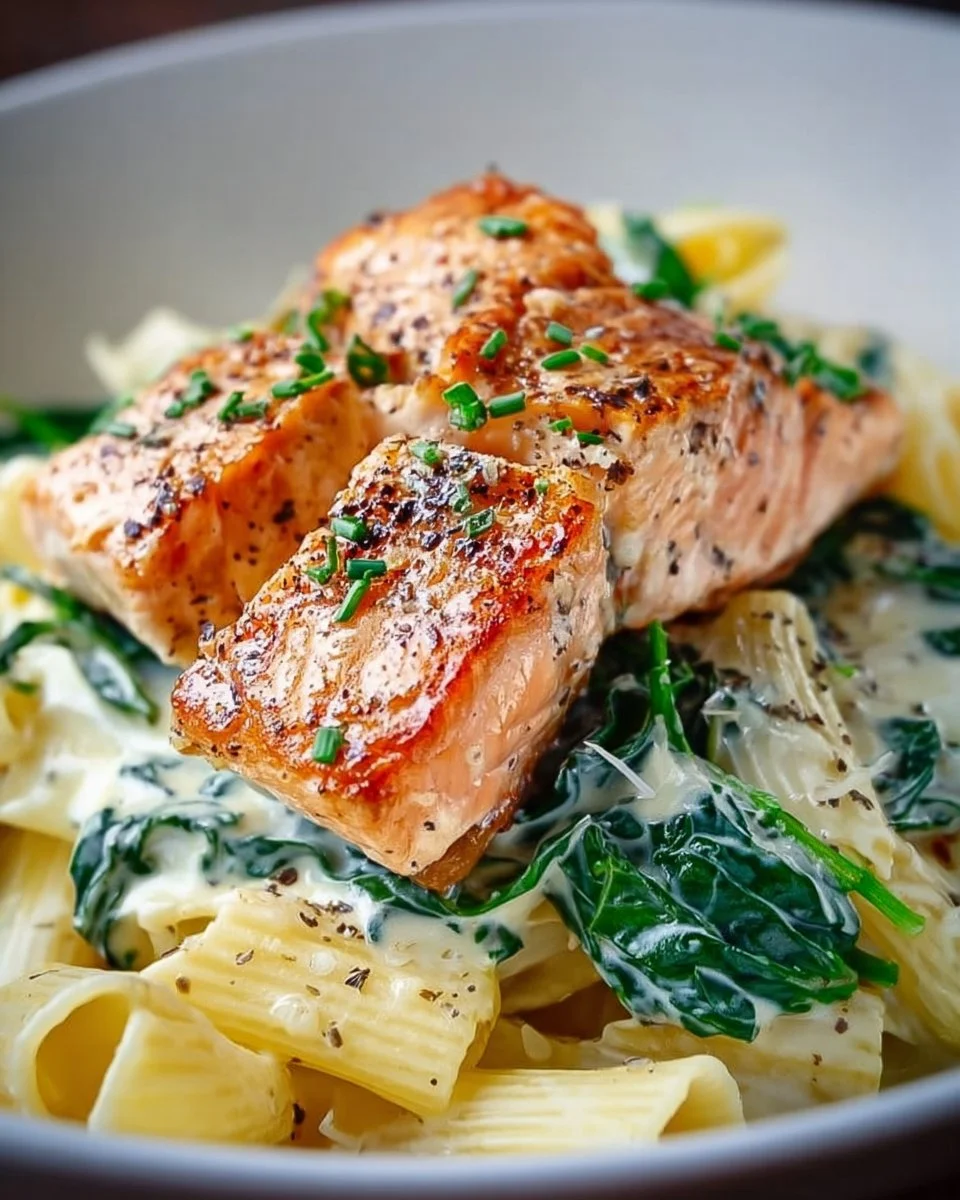 Salmon Pasta with Spinach and Cream Sauce