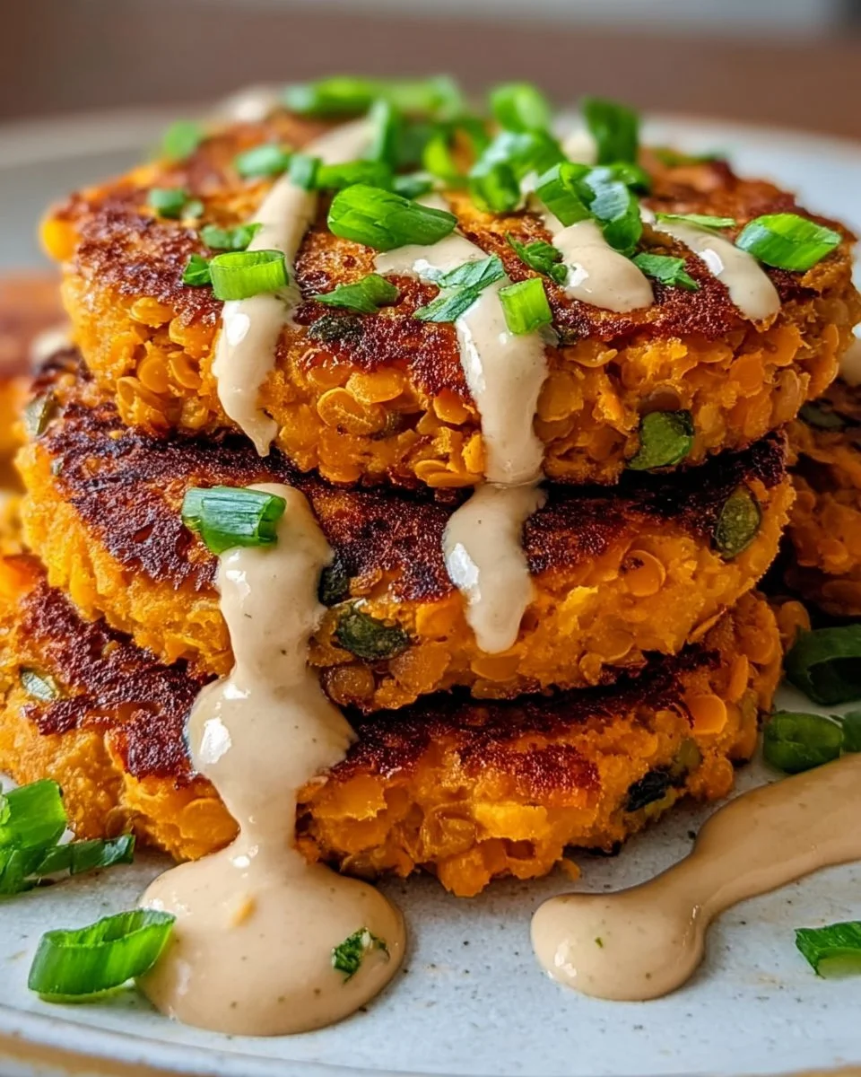 Sweet Potato Patties with Red Lentils and Tangy Tahini Dressing