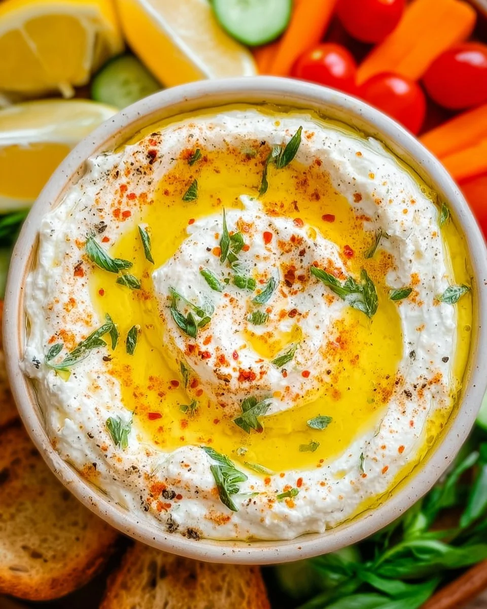 Delicious whipped feta dip served in a bowl with fresh herbs and crackers